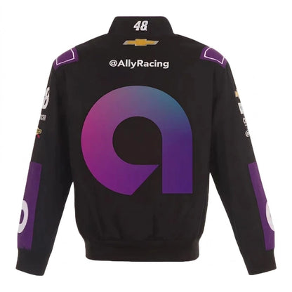 Alex Bowman Ally Black Twill-Uniformjacke mit durchgehendem Druckknopfverschluss