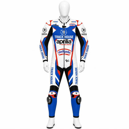 2024 Miguel Oliveira Trackhouse Aprilia MotoGP leather race suit in white, blue, and red with CE Level 2 armor, front view