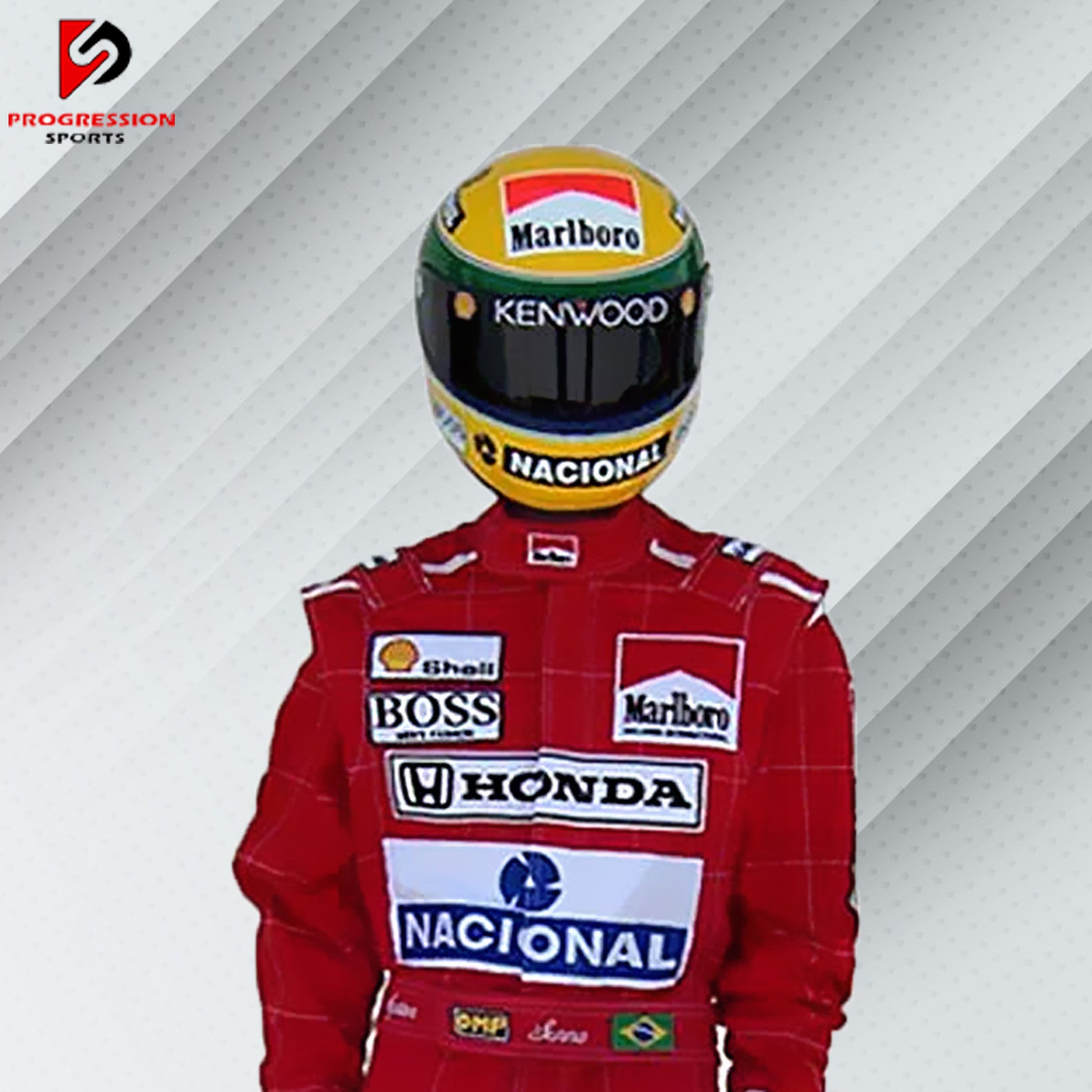 1991 Ayrton Senna McLaren Formula 1 race suit in red with sponsor logos including Marlboro and Honda