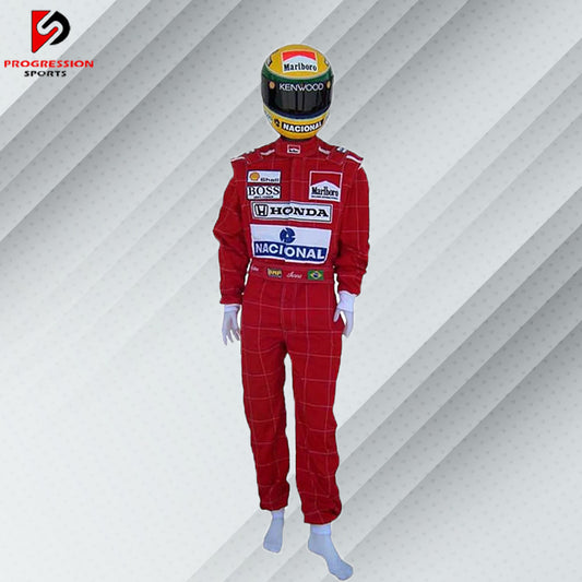1991 Ayrton Senna McLaren Formula 1 race suit in red with sponsor logos including Marlboro and Honda
