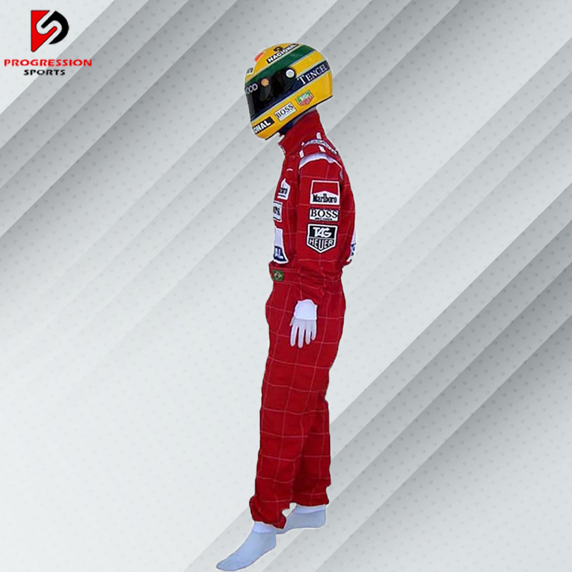 1991 Ayrton Senna McLaren Formula 1 race suit in red with sponsor logos including Marlboro and Honda