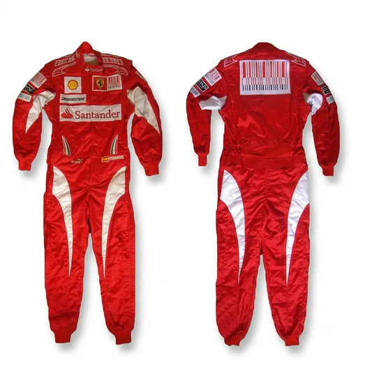 2010 Fernando Alonso Red F1 Race Suit front and back view with classic white side accents