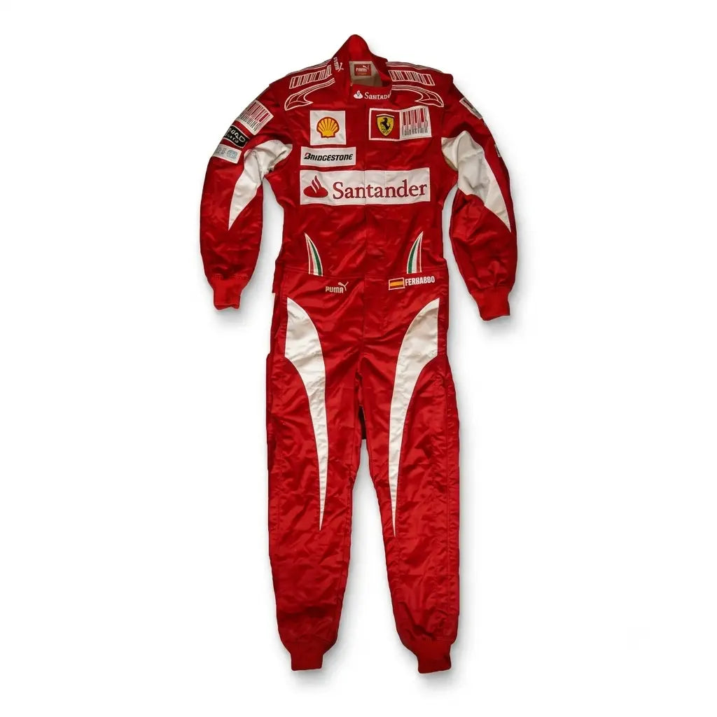 2010 Fernando Alonso Red F1 Race Suit front and back view with classic white side accents