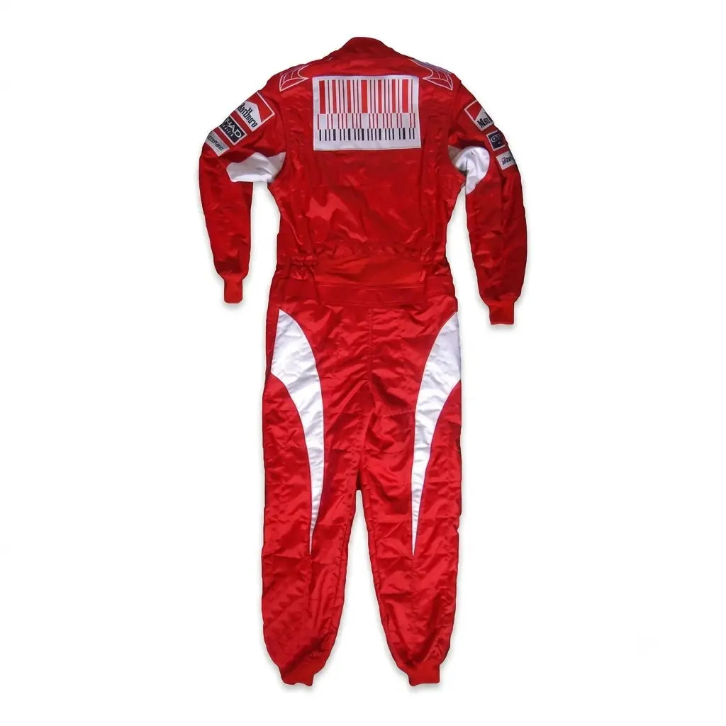 2010 Fernando Alonso Red F1 Race Suit front and back view with classic white side accents