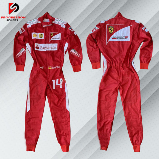 2014 Fernando Alonso Ferrari F1 race suit in red with Shell, Santander, and Ferrari logos