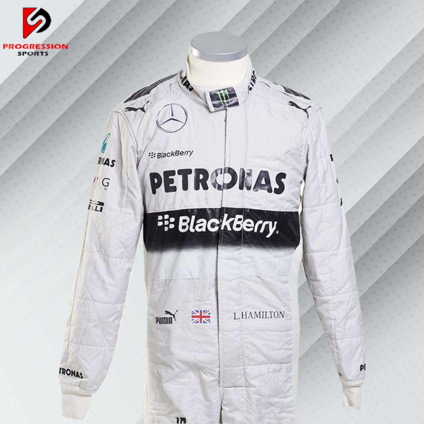 2014 Lewis Hamilton Mercedes Formula 1 race suit in white with Petronas, Mercedes, and Puma sponsor logos

