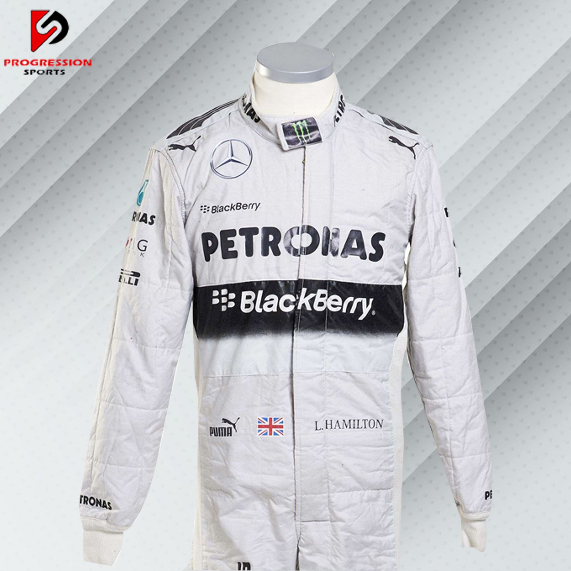 2014 Lewis Hamilton Mercedes Formula 1 race suit in white with Petronas, Mercedes, and Puma sponsor logos

