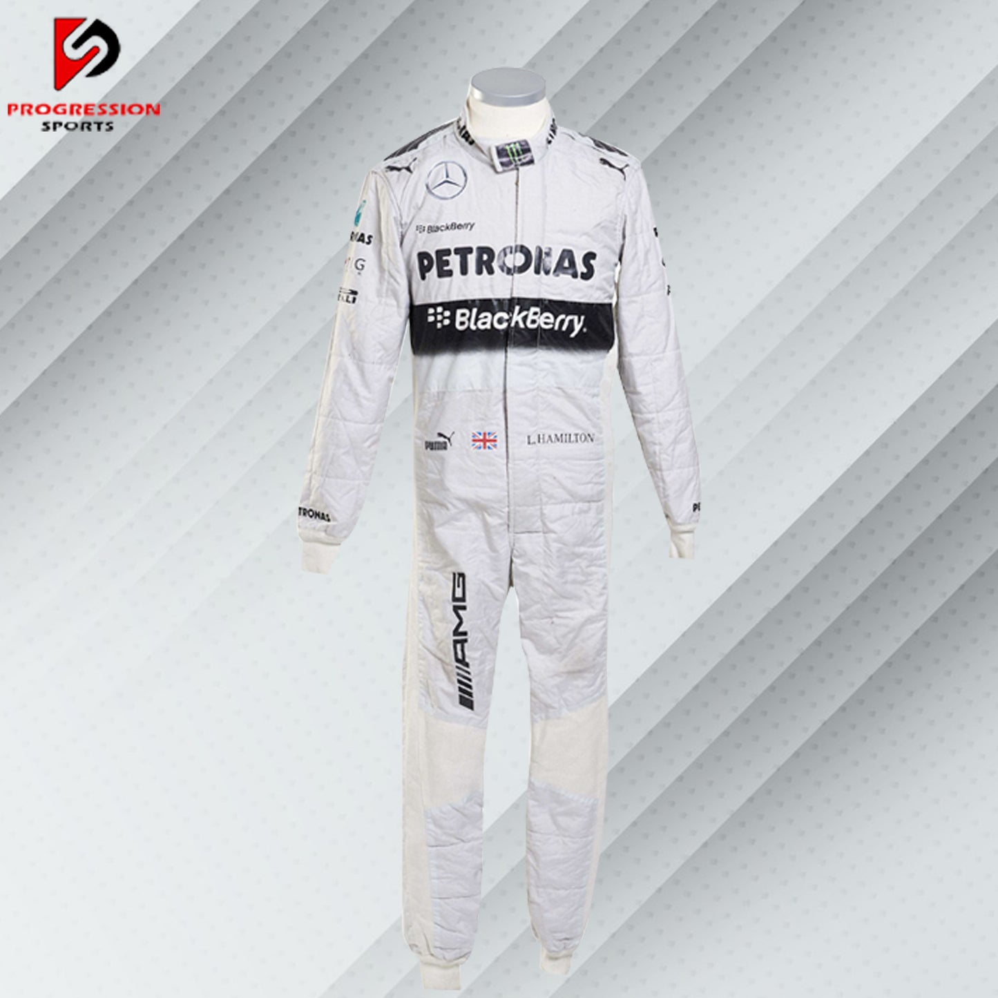 2014 Lewis Hamilton Mercedes Formula 1 race suit in white with Petronas, Mercedes, and Puma sponsor logos

