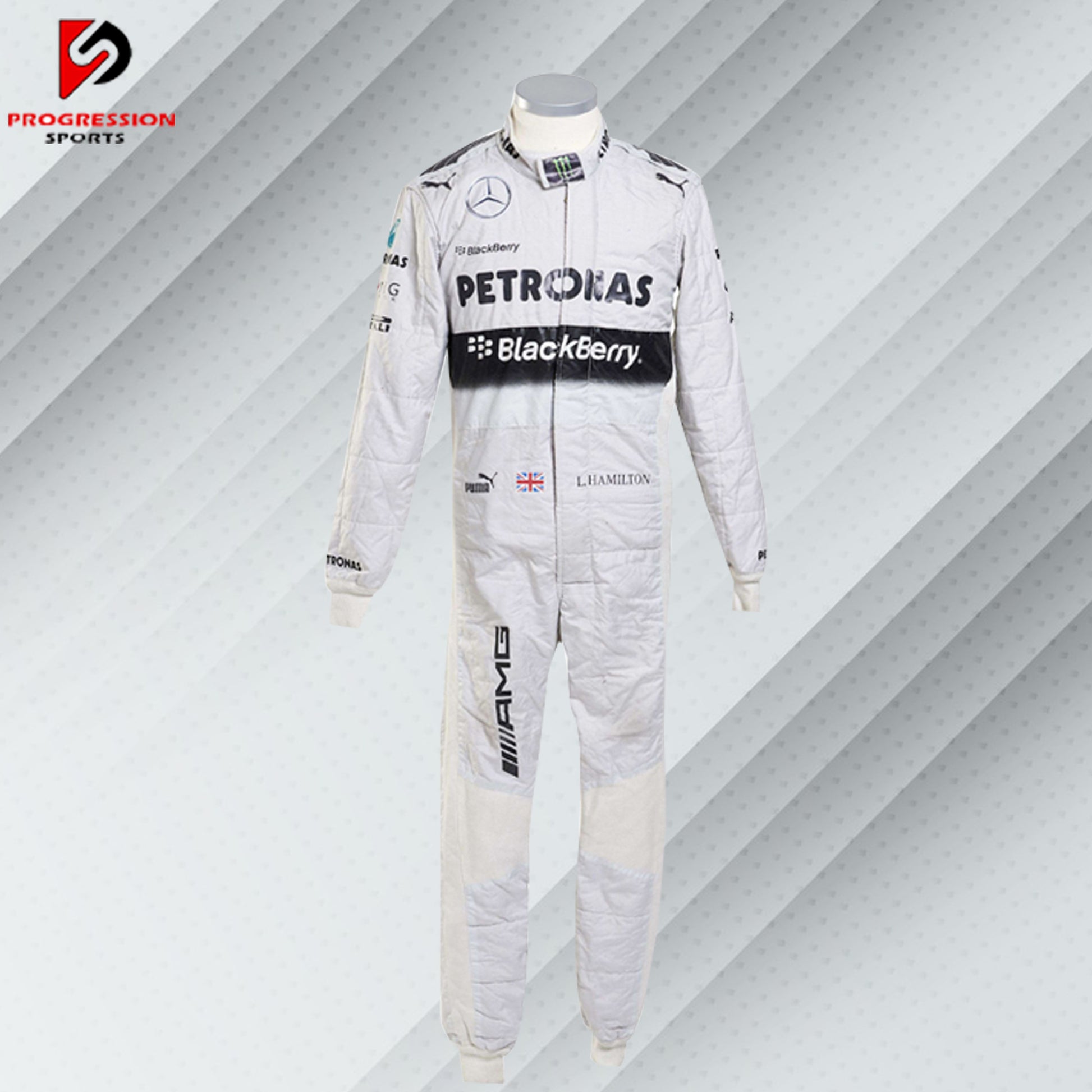 2014 Lewis Hamilton Mercedes Formula 1 race suit in white with Petronas, Mercedes, and Puma sponsor logos

