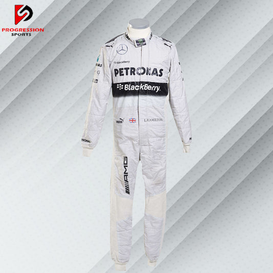 2014 Lewis Hamilton Mercedes Formula 1 race suit in white with Petronas, Mercedes, and Puma sponsor logos

