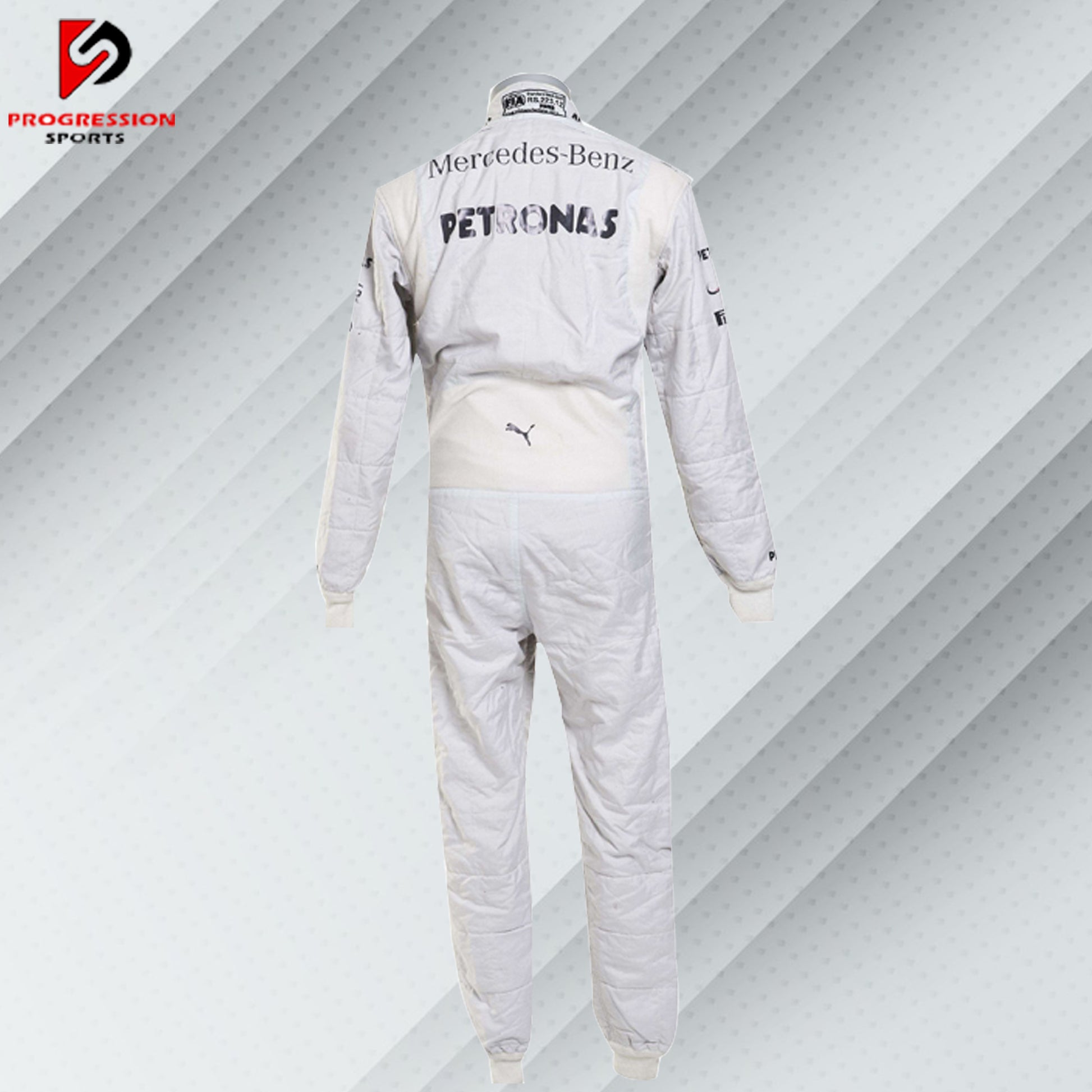 2014 Lewis Hamilton Mercedes Formula 1 race suit in white with Petronas, Mercedes, and Puma sponsor logos

