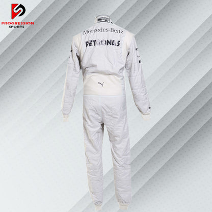 2014 Lewis Hamilton Mercedes Formula 1 race suit in white with Petronas, Mercedes, and Puma sponsor logos

