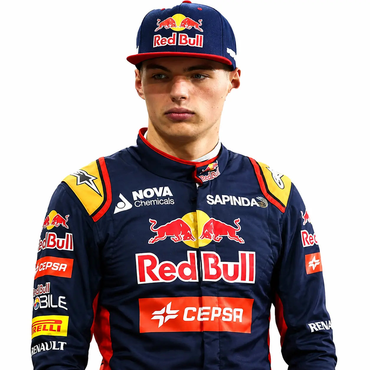 2015 Max Verstappen Toro Rosso F1 Race Suit in navy blue featuring red and gold shoulder panels, Cepsa sponsor logos, Dutch flag waist badge, and driver name Max
