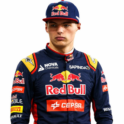 2015 Max Verstappen Toro Rosso F1 Race Suit in navy blue featuring red and gold shoulder panels, Cepsa sponsor logos, Dutch flag waist badge, and driver name Max