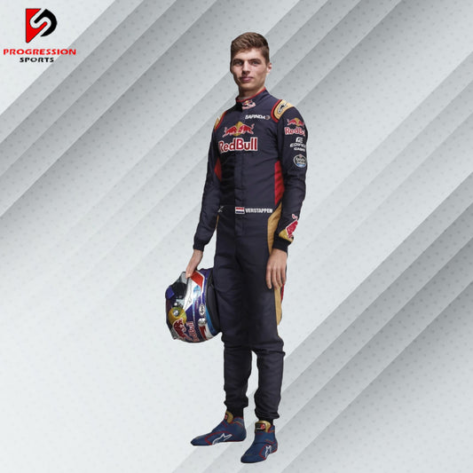 2015 Max Verstappen Red Bull Racing Formula 1 suit featuring the iconic navy blue design with red and yellow accents, adorned with sponsor logos such as Red Bull, Mobil 1, Honda, and Puma.