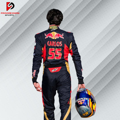 2015 Max Verstappen Red Bull Racing Formula 1 suit featuring the iconic navy blue design with red and yellow accents, adorned with sponsor logos such as Red Bull, Mobil 1, Honda, and Puma.