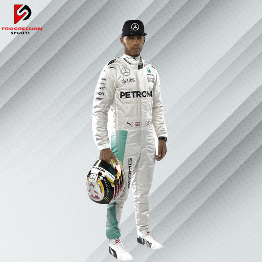 2016 Lewis Hamilton Mercedes F1 race suit in white with Petronas, Mercedes-Benz, and Puma sponsor logos

