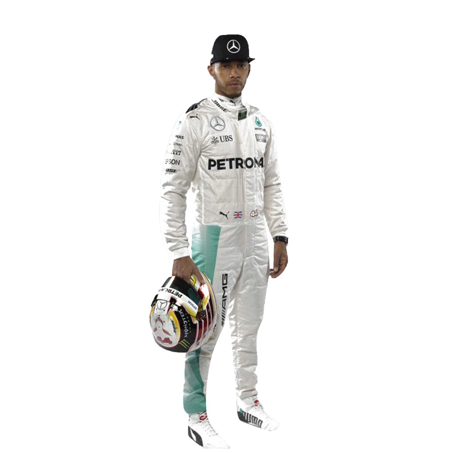 Person wearing a Formula 1 racing suit with visible branding on a white background