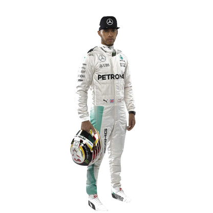 Person wearing a Formula 1 racing suit with visible branding on a white background
