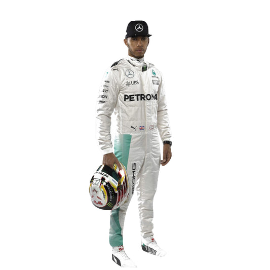 Person wearing a Formula 1 racing suit with visible branding on a white background