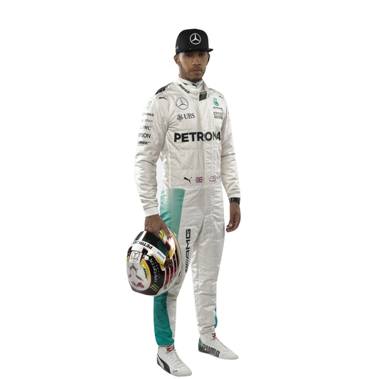 2016 Lewis Hamilton Mercedes F1 Race Suit in white and Petronas teal standing full length view