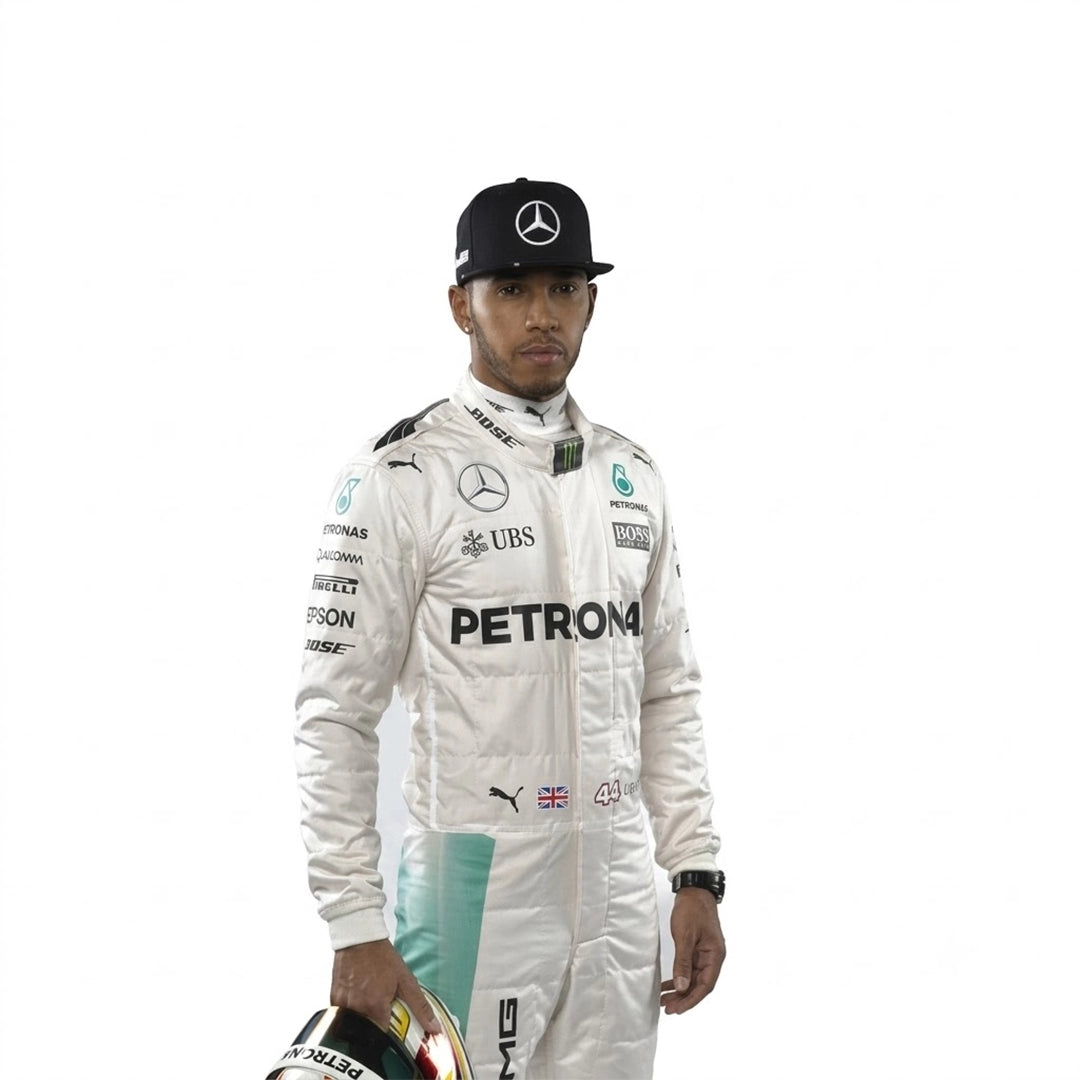 Mercedes AMG Petronas style karting suit with Lewis Hamilton British flag number 44 waist detail