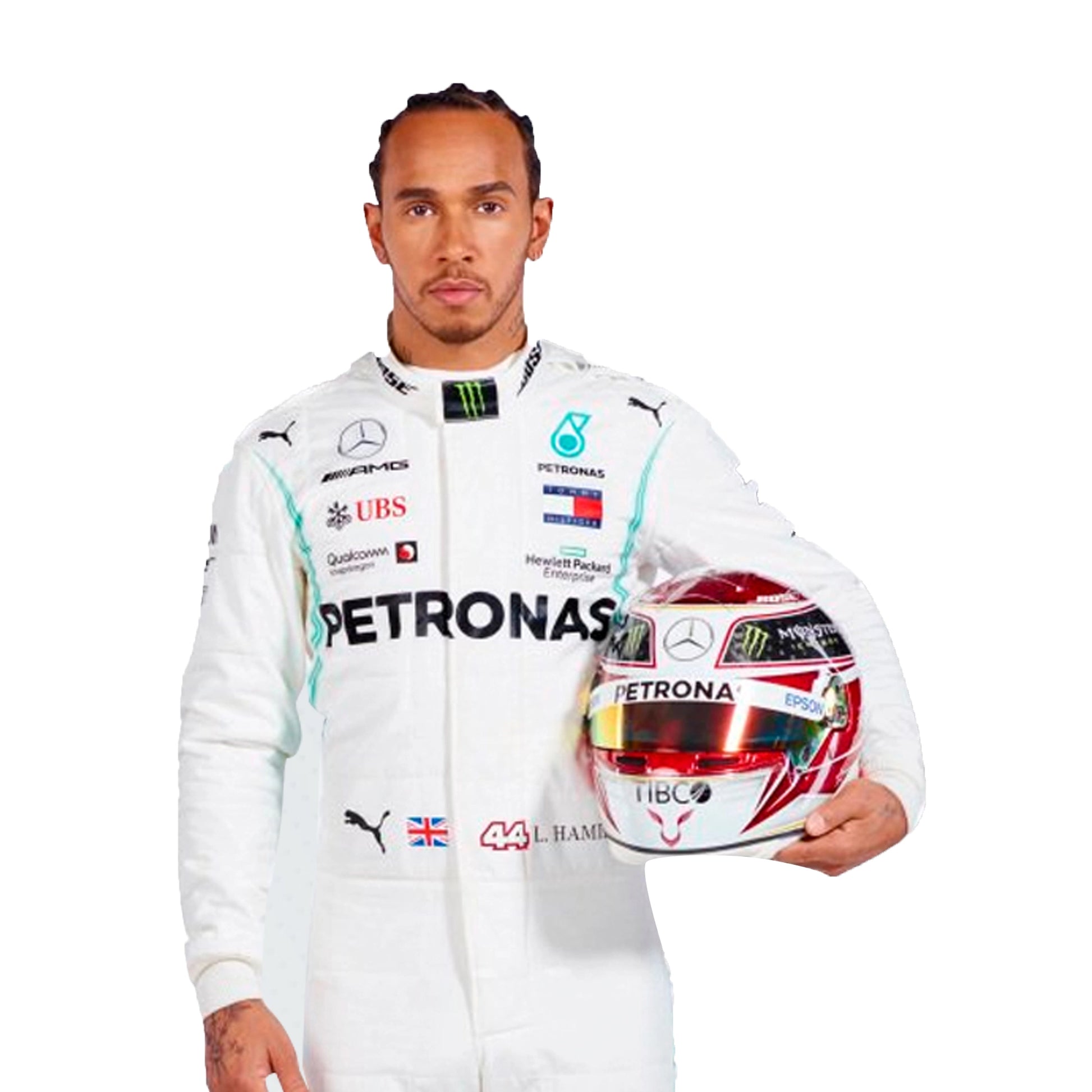 Person wearing a white racing suit with sponsor logos, holding a helmet.