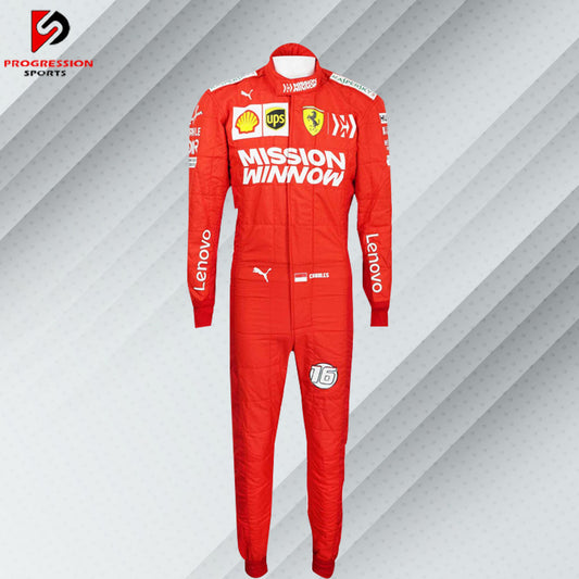 2019 Charles Leclerc Ferrari F1 race suit in red with sponsor logos like Shell, UPS, and Kaspersky