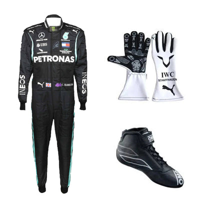 2020 Lewis Hamilton Mercedes F1 Race Suit Package including black karting suit, white driver gloves, and black racing boots