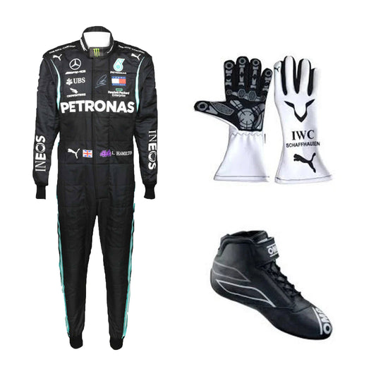 2020 Lewis Hamilton Mercedes F1 Race Suit Package including black karting suit, white driver gloves, and black racing boots