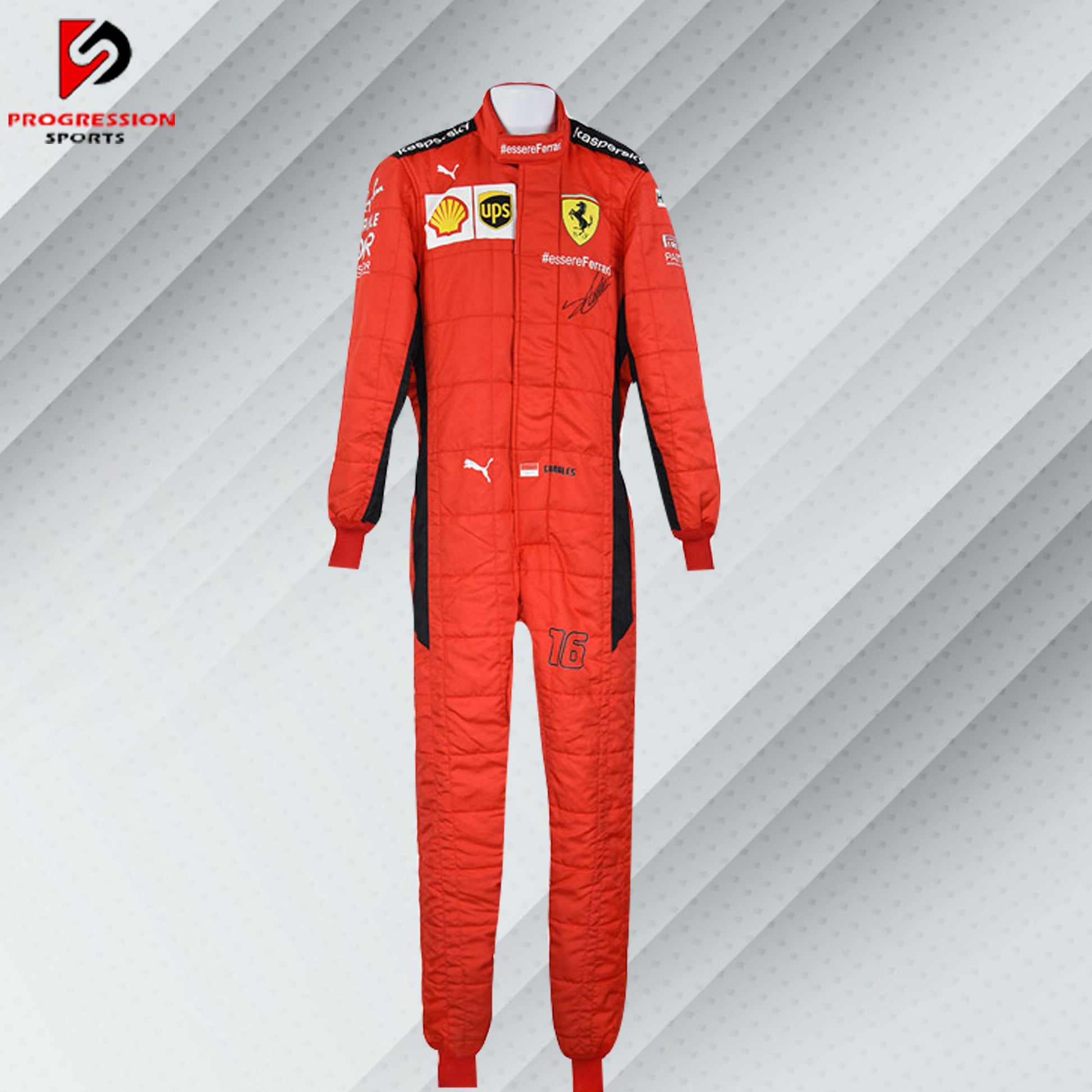 2020 Charles Leclerc Ferrari F1 race suit in red with Mission Winnow, Shell, and UPS sponsor logos