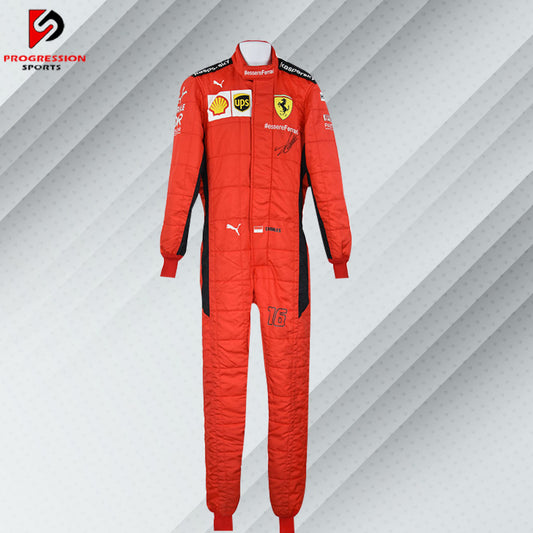 2020 Charles Leclerc Ferrari F1 race suit in red with Mission Winnow, Shell, and UPS sponsor logos