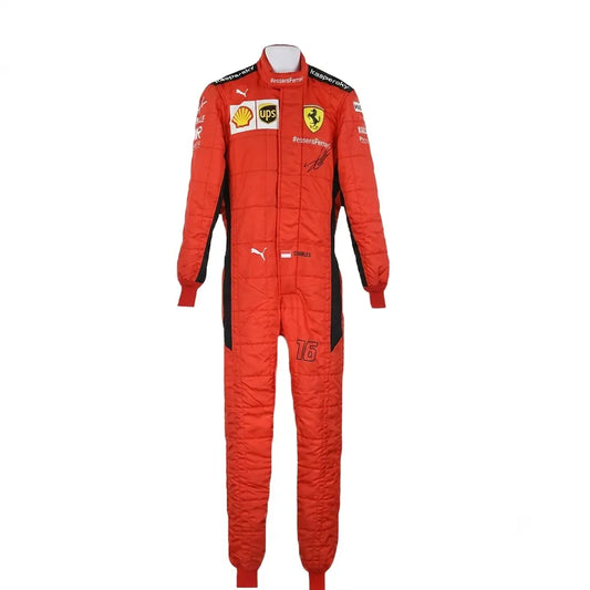 2020 Charles Leclerc Red F1 Race Suit front view featuring black side accents and driver number 16