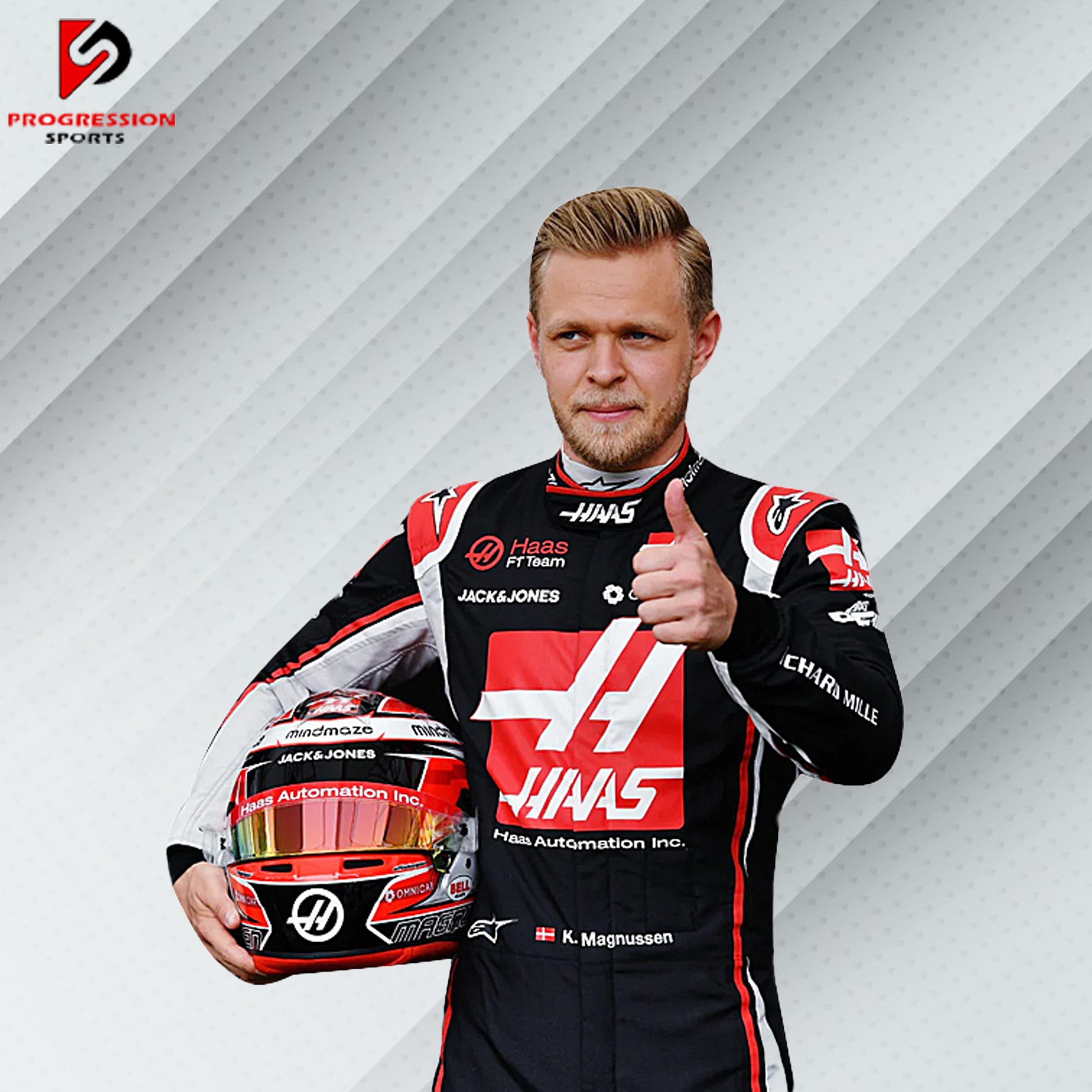 2022 Kevin Magnussen Haas F1 race suit in white with red and black accents featuring Haas, 1&1, and team sponsor logos

