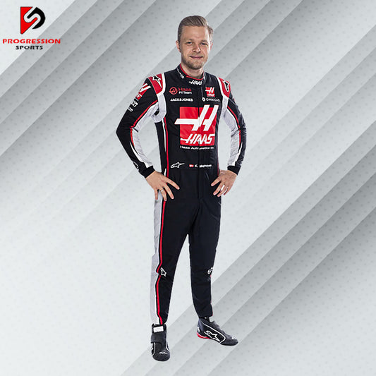 2022 Kevin Magnussen Haas F1 race suit in white with red and black accents featuring Haas, 1&1, and team sponsor logos

