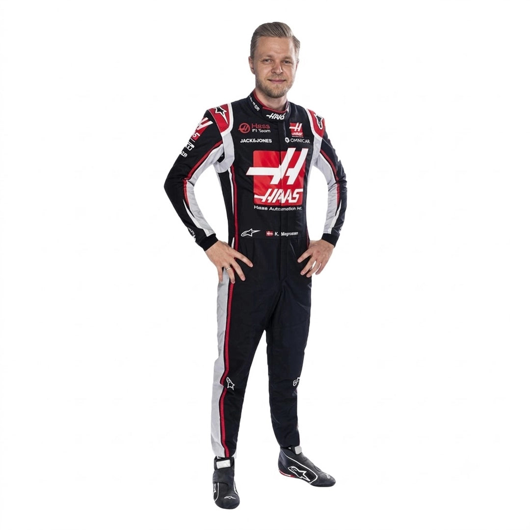 2020 Kevin Magnussen Haas F1 Race Suit in black red and white livery front view standing hands on hips