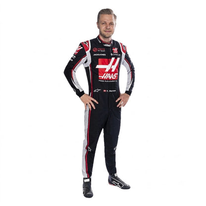 2020 Kevin Magnussen Haas F1 Race Suit in black red and white livery front view standing hands on hips
