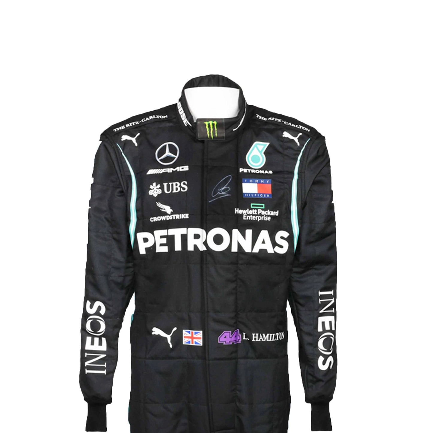 Black racing suit with various sponsor logos on a white background