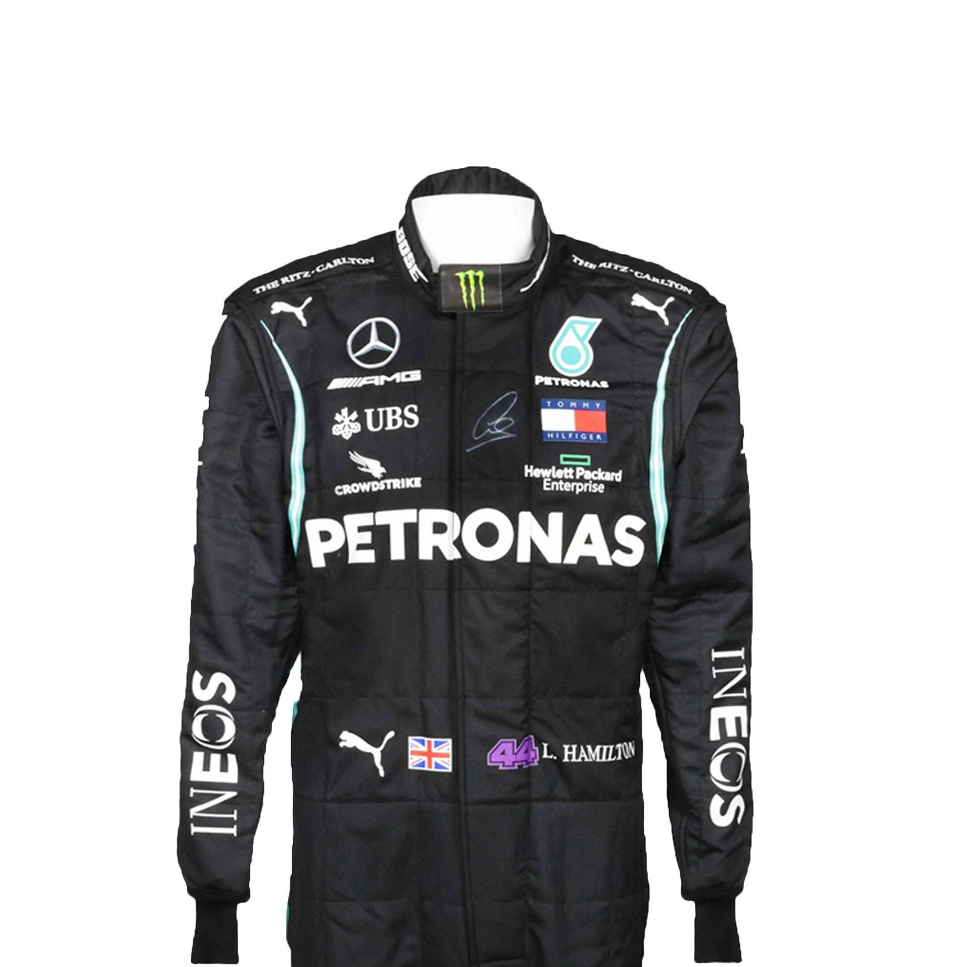 Black racing suit with various sponsor logos on a white background