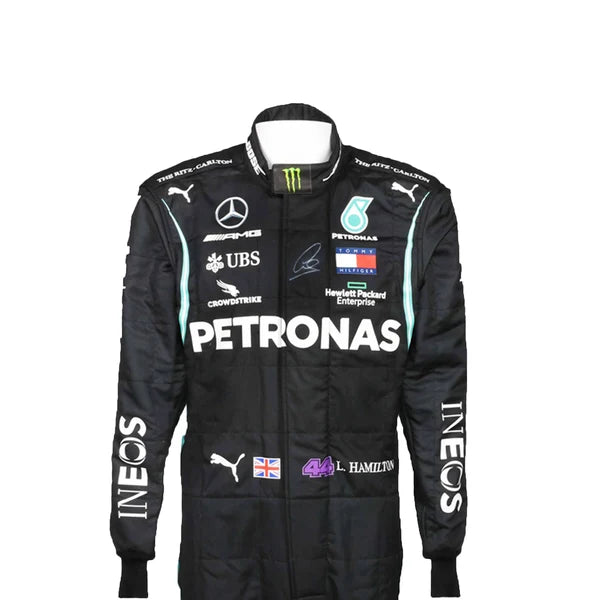2020 Lewis Hamilton Mercedes F1 Race Suit Package including black karting suit, white driver gloves, and black racing boots