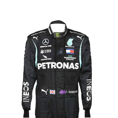 2020 Lewis Hamilton Mercedes F1 Race Suit Package including black karting suit, white driver gloves, and black racing boots
