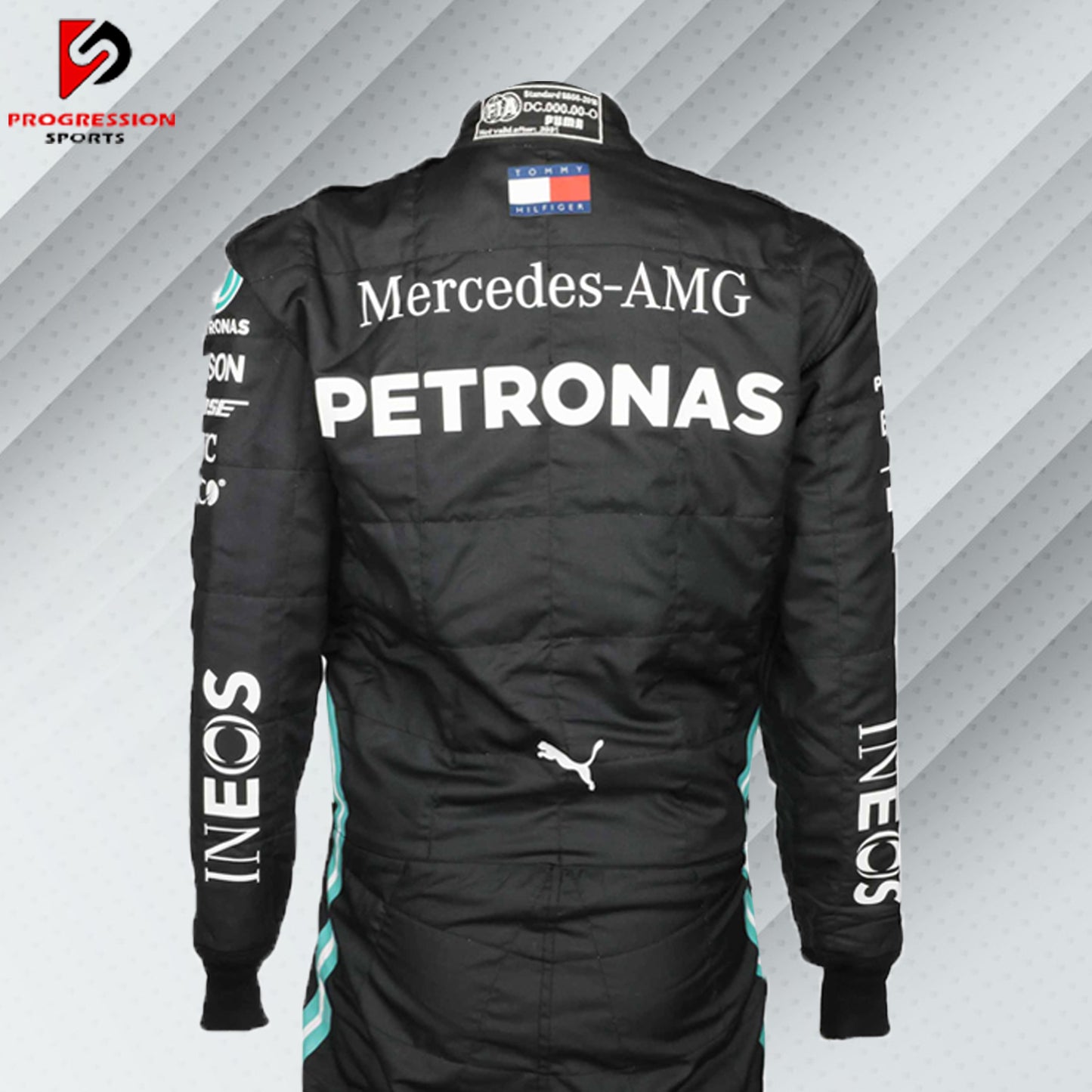 2020 Lewis Hamilton Mercedes F1 race suit in all-black design with Petronas, Mercedes, Tommy Hilfiger, and AMG sponsor logos

