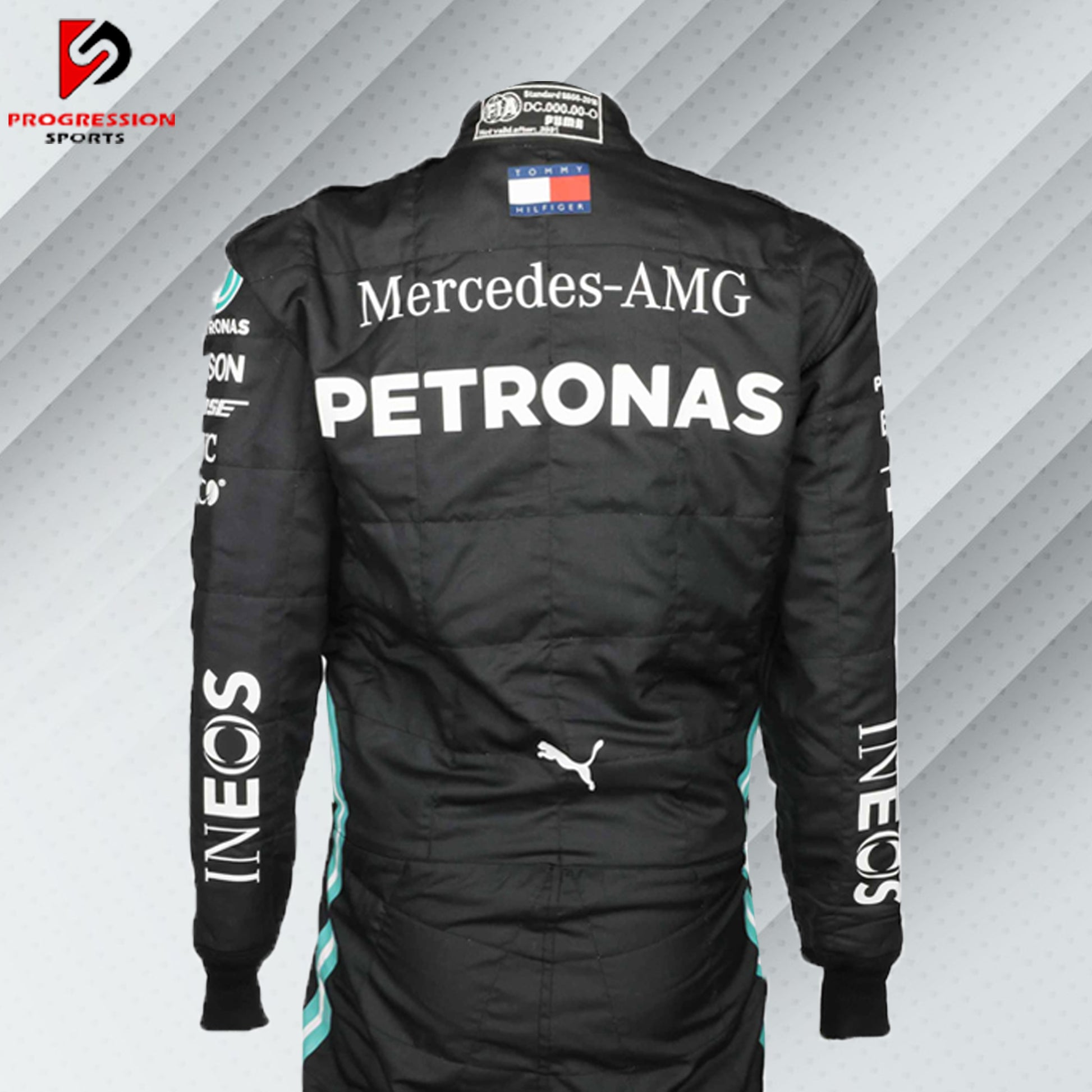 2020 Lewis Hamilton Mercedes F1 race suit in all-black design with Petronas, Mercedes, Tommy Hilfiger, and AMG sponsor logos

