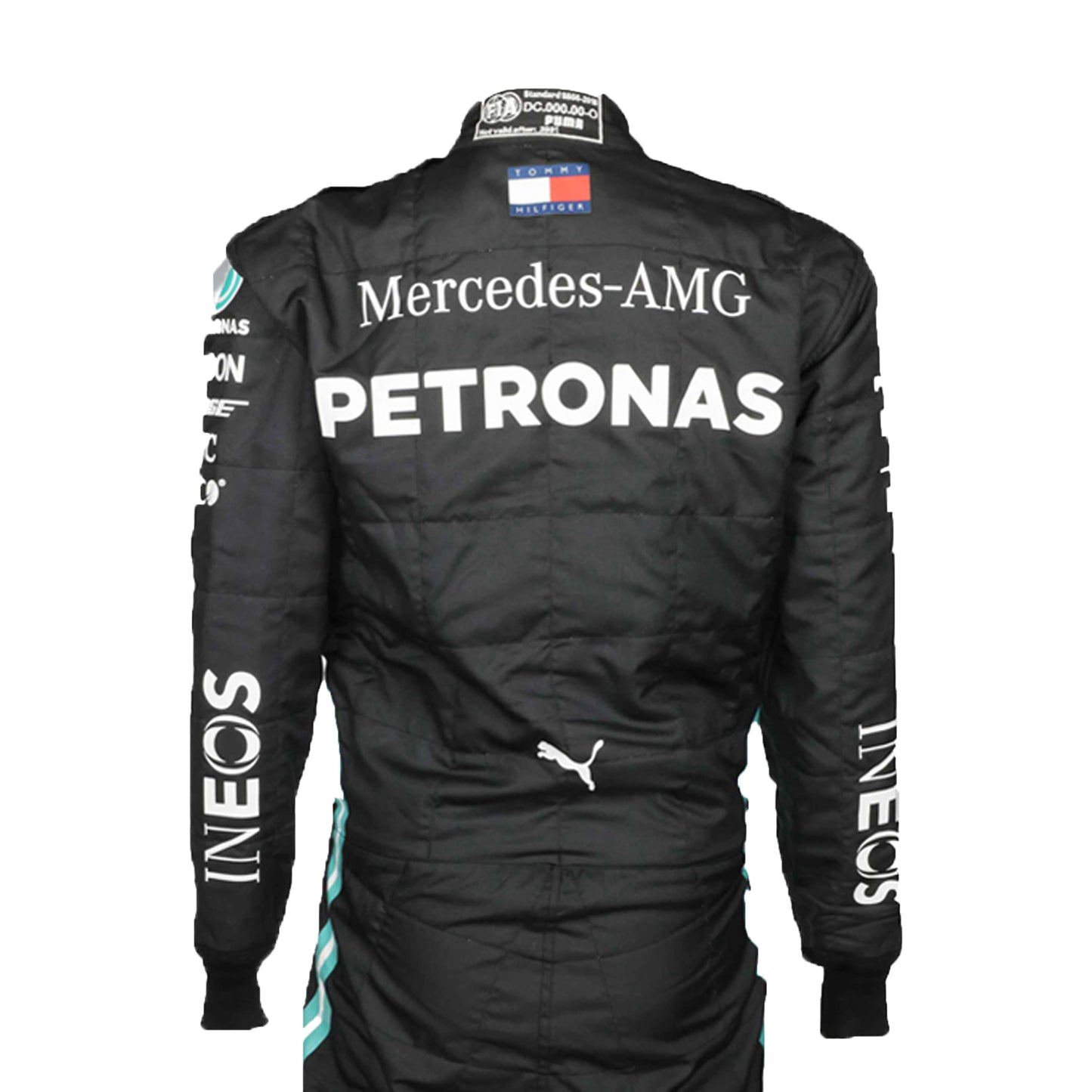 Black racing suit with Mercedes-AMG Petronas and Puma logos on a white background