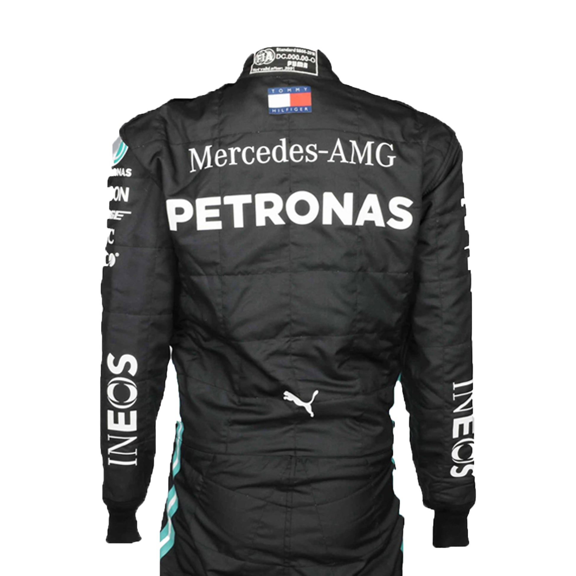 Black racing suit with Mercedes-AMG Petronas and Puma logos on a white background