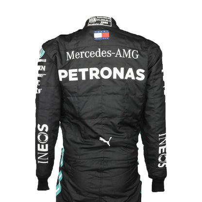 Black racing suit with Mercedes-AMG Petronas and Puma logos on a white background