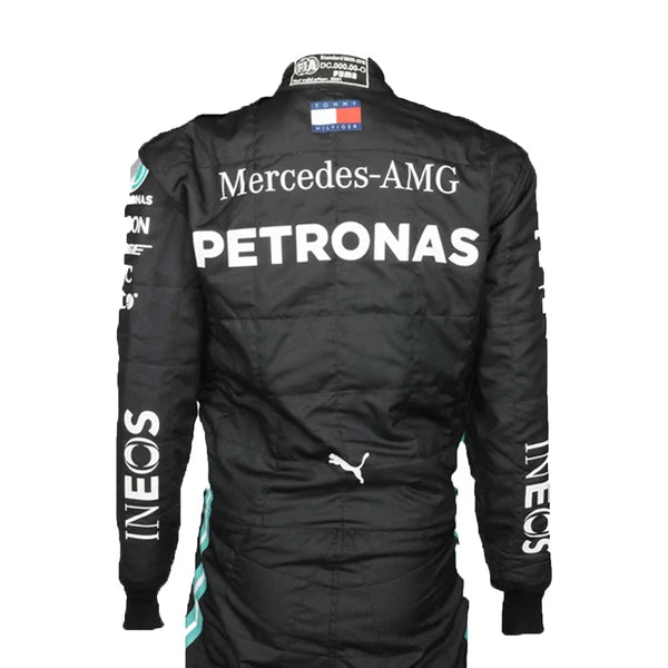 2020 Lewis Hamilton Mercedes F1 Race Suit Package including black karting suit, white driver gloves, and black racing boots