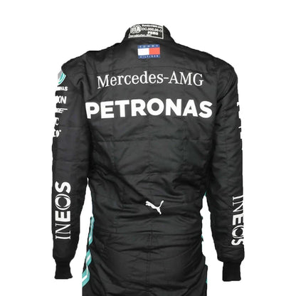 2020 Lewis Hamilton Mercedes F1 Race Suit Set including black karting suit, black team t-shirt, and black race balaclava