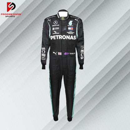 2020 Lewis Hamilton Mercedes F1 race suit in all-black design with Petronas, Mercedes, Tommy Hilfiger, and AMG sponsor logos

