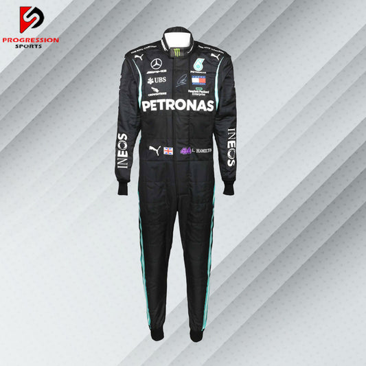 2020 Lewis Hamilton Mercedes F1 race suit in all-black design with Petronas, Mercedes, Tommy Hilfiger, and AMG sponsor logos

